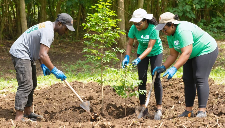 Community members collaborating on a conservation project, planting trees together