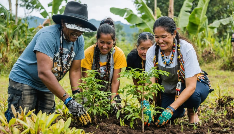 A diverse group of community members, including Indigenous elders and youth, working together to plant trees in a lush landscape, embodying the spirit of community-led conservation efforts.