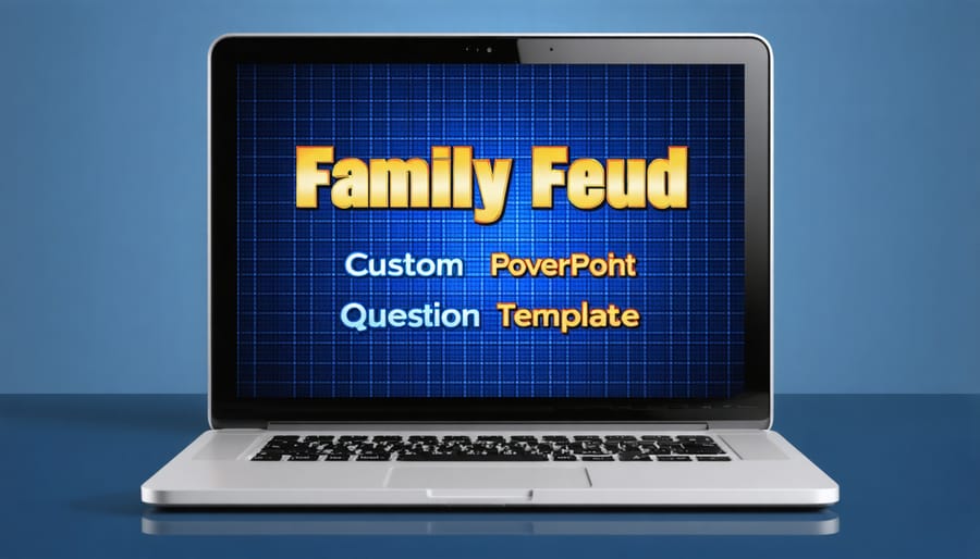 Custom Family Feud PowerPoint game template on a laptop screen