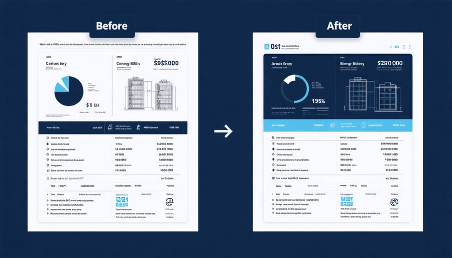 Comparison of energy bills before and after implementing C&I battery storage, showing reduced costs