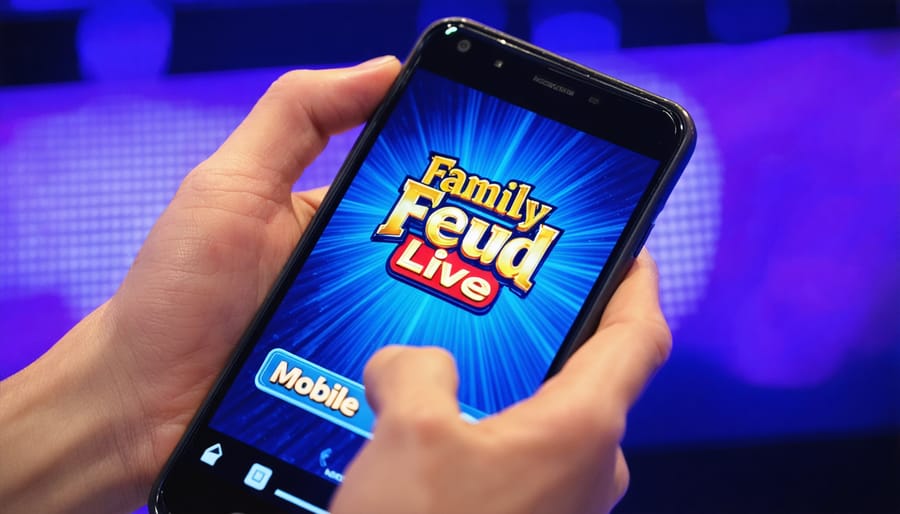 Hands holding a phone with Family Feud Live mobile game on the screen