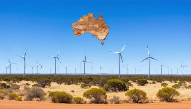 Panoramic view of wind farms in Australia's arid landscape, highlighting the country's commitment to renewable energy and sustainability.