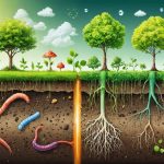 Vibrant cross-section of soil showcasing diverse organisms and plant roots, illustrating soil's role in nutrient cycling, carbon sequestration, and water regulation.