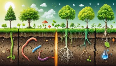 Vibrant cross-section of soil showcasing diverse organisms and plant roots, illustrating soil's role in nutrient cycling, carbon sequestration, and water regulation.