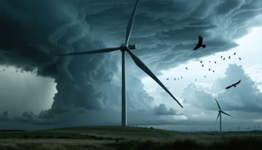 Conceptual image of a wind turbine with dark storm clouds and silhouettes of birds, symbolizing the hidden hazards and risks associated with wind energy.