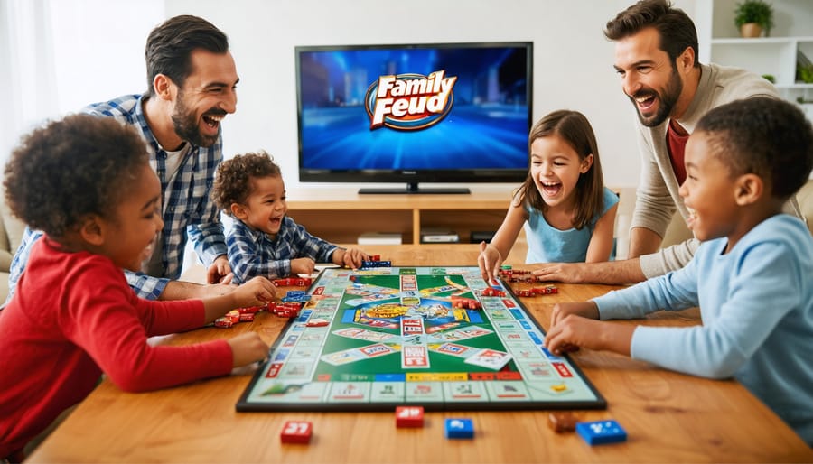 A family of multiple generations laughing and excitedly playing a Family Feud board game together in a cozy living room setting, with game components visible and a Family Feud backdrop on a TV screen in the background.