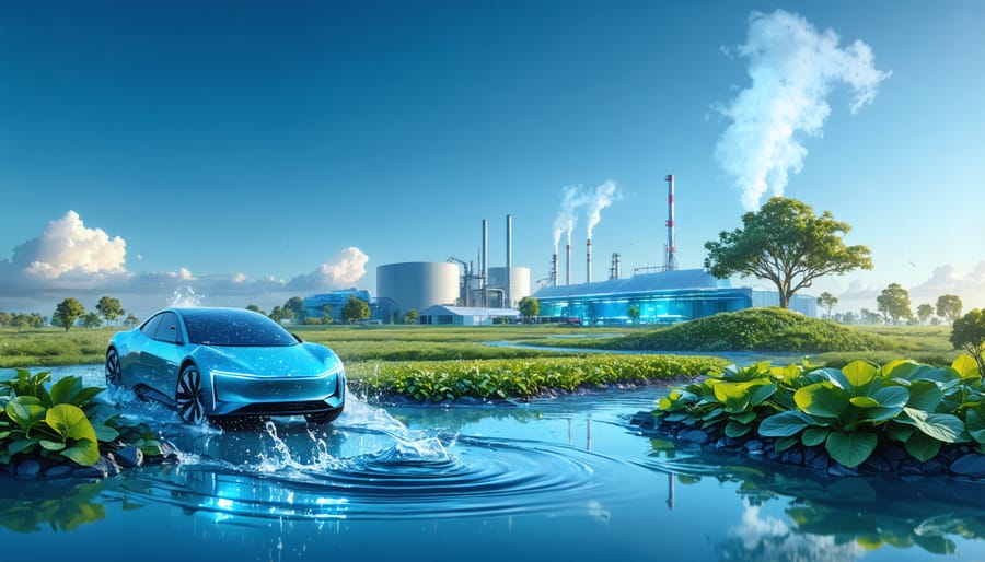 Illustration of a hydrogen-powered vehicle emitting water droplets while a biomass facility produces hydrogen fuel, representing Australia's advancement in sustainable biofuel technology.