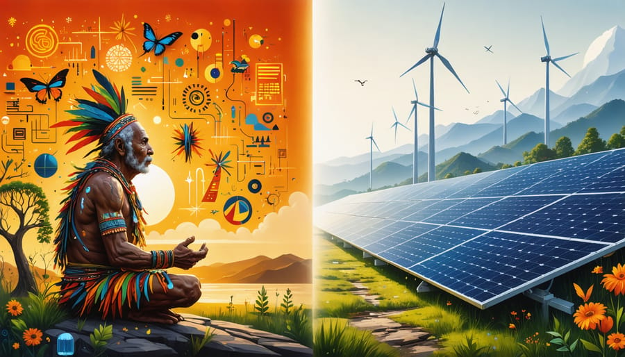 Conceptual illustration depicting the convergence of Indigenous wisdom and modern renewable technology, with an elder sharing knowledge and renewable energy symbols blending with the landscape.