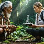 An indigenous elder and a scientist collaborating in a verdant landscape, demonstrating the integration of Traditional Ecological Knowledge with modern scientific methods to promote environmental sustainability.