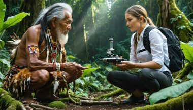 An indigenous elder and a scientist collaborating in a verdant landscape, demonstrating the integration of Traditional Ecological Knowledge with modern scientific methods to promote environmental sustainability.