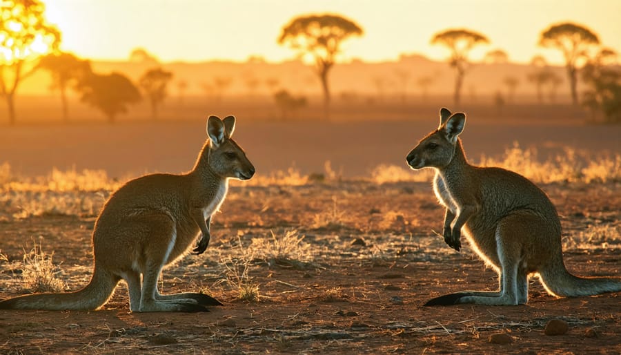 Silhouettes of kangaroos in the Outback during a colorful sunset