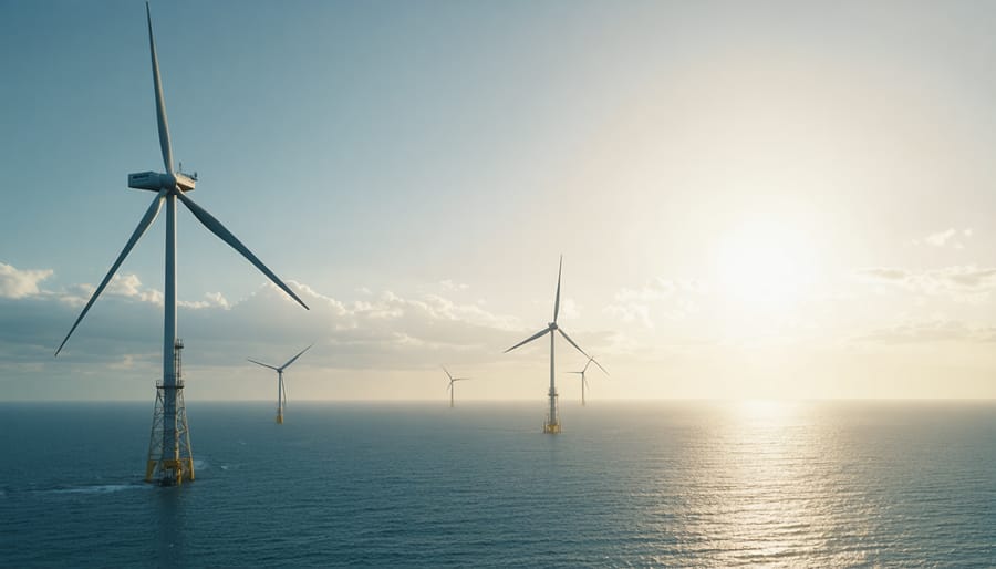 Towering offshore wind turbines harnessing ocean winds under a clear sky, symbolizing advancements in sustainable energy technology.