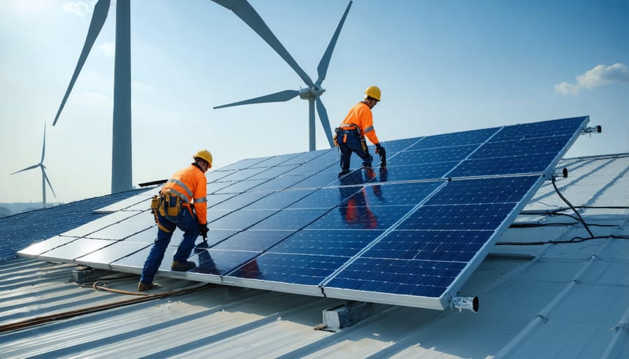 Renewable energy workers installing solar panels with wind farm in the distance