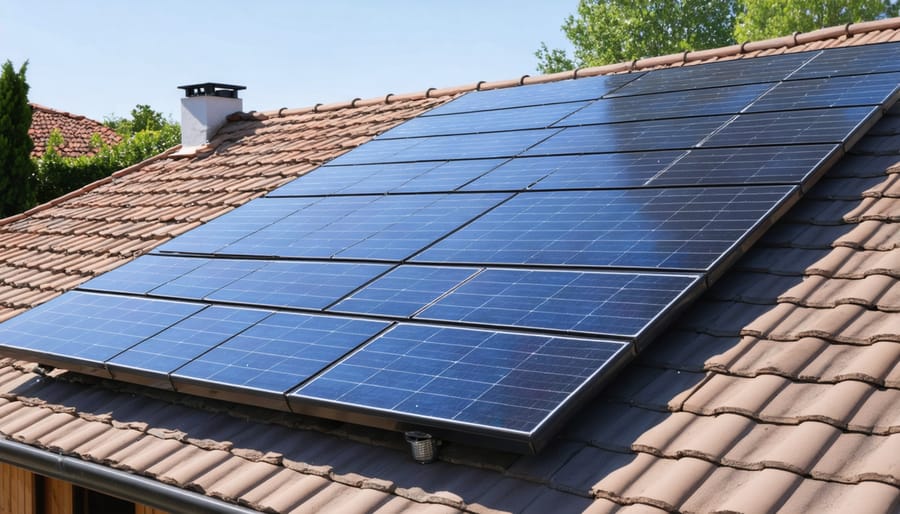 Solar panels on a house roof generating clean electricity