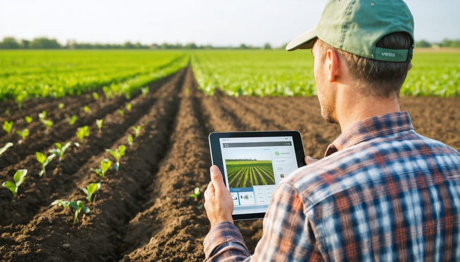 Australian farmer using digital tablet to control automated irrigation system