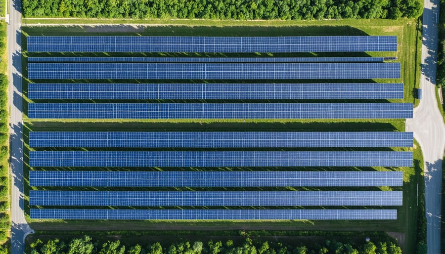 Aerial perspective of a solar farm demonstrating its interaction with the environment