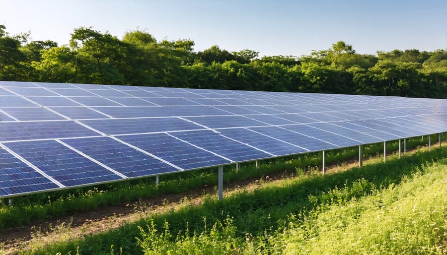 Solar farm using vegetative buffers to minimize visual impact on the surrounding community