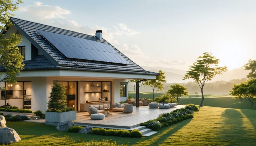 A modern home with a rooftop solar hot water system, capturing the benefits of renewable energy with a view of eco-friendly collectors under sunlight in a green landscape.