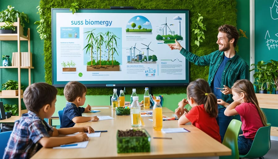 Students and a teacher engaged in a classroom lesson on bioenergy, featuring diagrams and hands-on experiments related to sustainability.