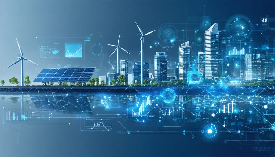 Conceptual illustration depicting Australia's future energy landscape with bioenergy sources, solar panels, and wind turbines integrated into a futuristic city, alongside symbols of policy and data analysis.