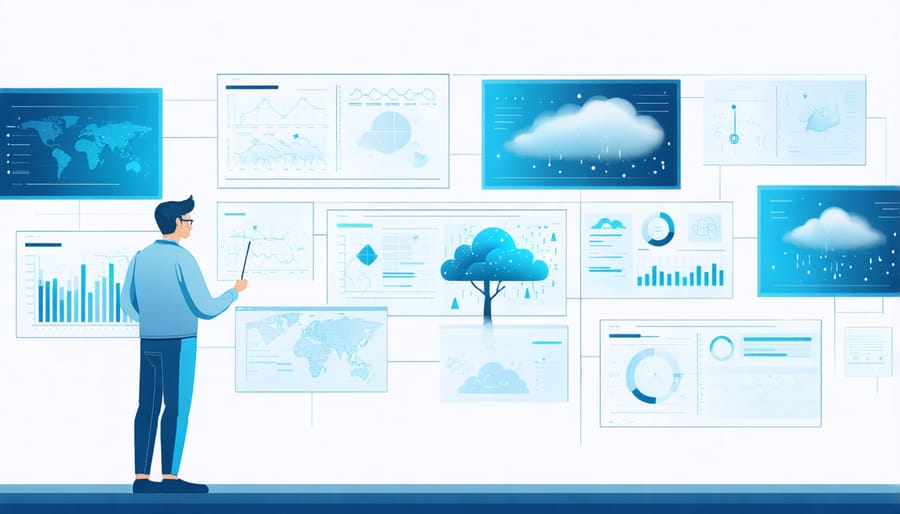 Traditional weather forecasting challenges depicted by a forecaster overwhelmed with data