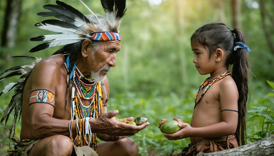 Indigenous elder imparting traditional conservation knowledge to youth in nature