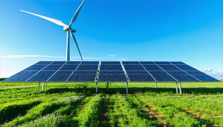 Wind turbine and solar panels working together in a renewable energy farm