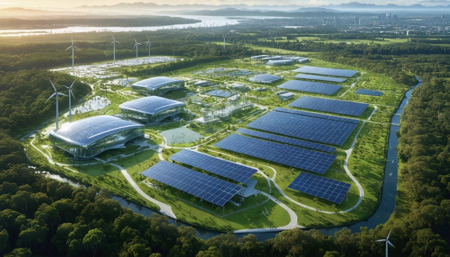 Aerial illustration of a modern Australian bioenergy innovation hub featuring solar panels, wind turbines, and biomass processing units, symbolizing the integration of renewable technologies and natural landscapes.