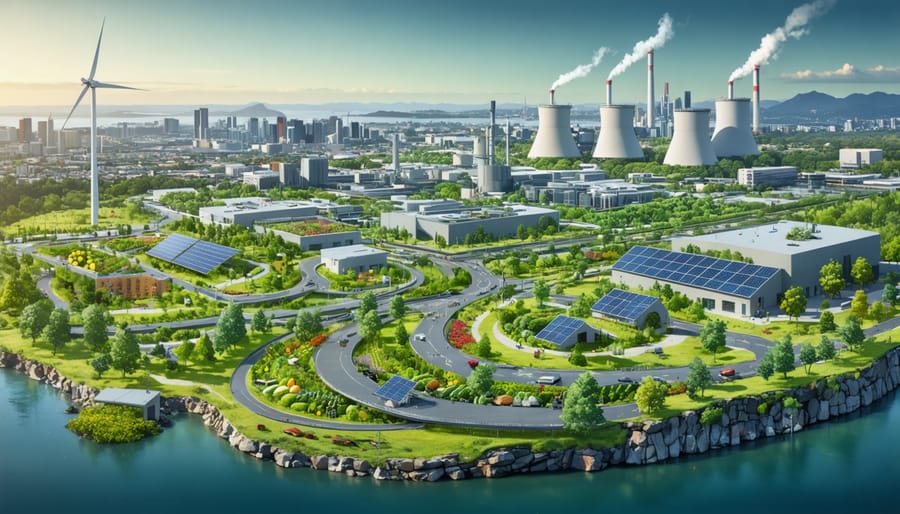 Futuristic city in Australia showcasing a circular economy with waste-to-energy plants, urban farming, and recycling activities creating a sustainable ecosystem.