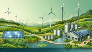 Conceptual illustration of a harmonious landscape featuring bioenergy facilities alongside wind turbines and solar panels, integrated with Australian natural elements like sugarcane fields and flora, symbolizing Australia's sustainable energy future.