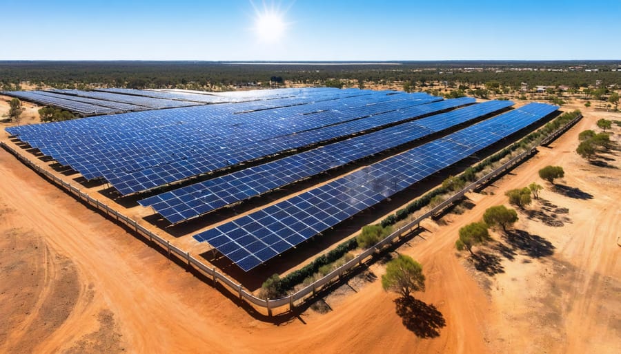 Aerial view of a large-scale solar farm in the Australian desert, symbolizing the vast potential of solar energy, alongside a suburban neighborhood with numerous homes equipped with rooftop solar panels, illustrating widespread solar adoption across different Australian landscapes.