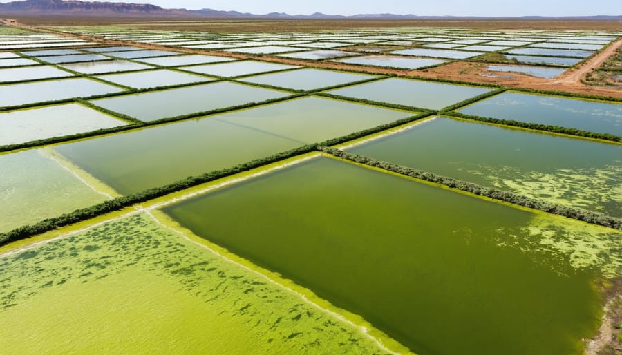 Aerial photograph of commercial algae farming facility in Australia with multiple cultivation ponds