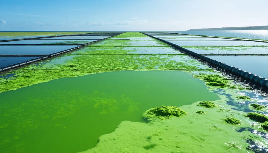 Futuristic view of Australia's algae farms with expansive green cultivation ponds, advanced photobioreactor systems, and researchers at work, symbolizing the fusion of technology and nature in sustainable energy production.