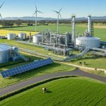 A modern Australian farm with an integrated biogas system, showcasing a biogas plant with anaerobic digesters and storage facilities, surrounded by farmland with cattle, solar panels, and wind turbines in the background.