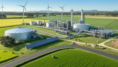 A modern Australian farm with an integrated biogas system, showcasing a biogas plant with anaerobic digesters and storage facilities, surrounded by farmland with cattle, solar panels, and wind turbines in the background.