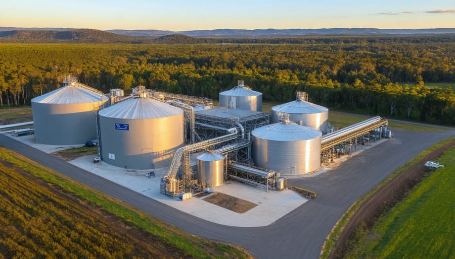 Modern Australian biomass processing facility with surrounding agricultural land