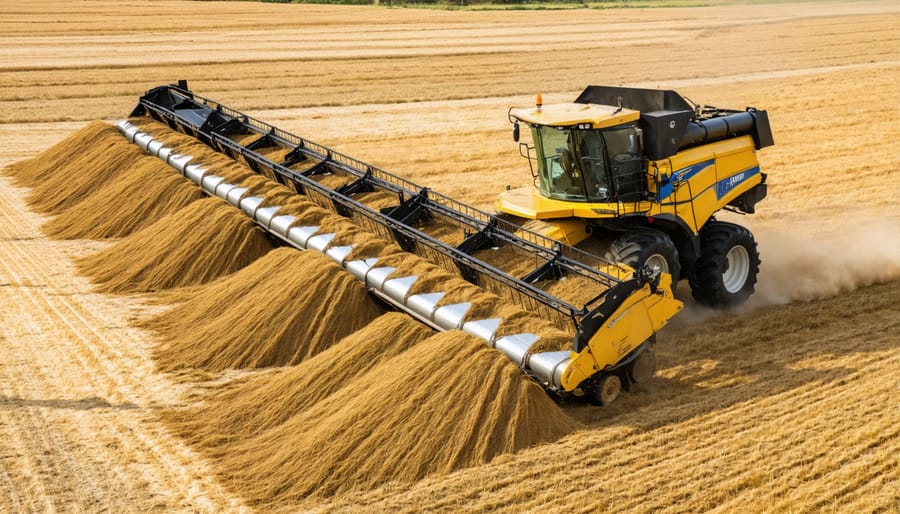 Modern harvesting equipment collecting agricultural waste biomass in vast Australian farmland