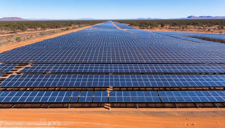 Large-scale solar installation in Australian desert with rows of solar panels stretching to the horizon