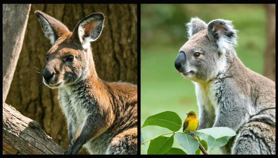 Diverse Australian native animals including kangaroos, koalas, and colorful birds in their natural environments