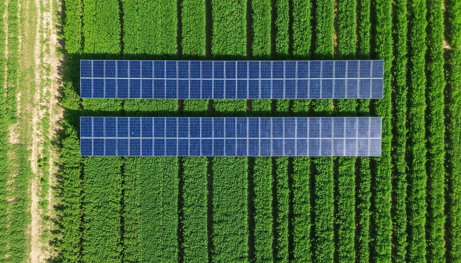 Drone photograph of agricultural land with solar array installation among crops