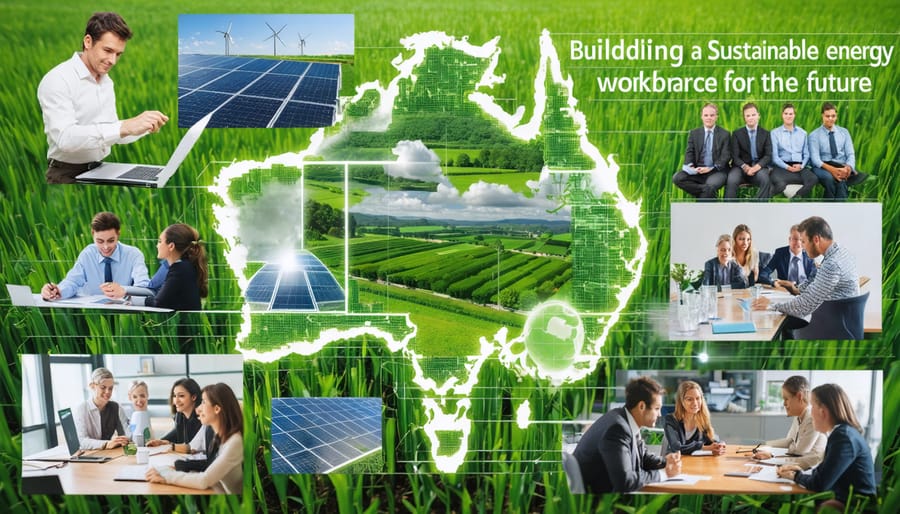 A futuristic depiction of Australia's bioenergy workforce featuring professionals and students engaged in sustainable energy initiatives against a backdrop of green landscapes and advanced technology, symbolizing growth and innovation.