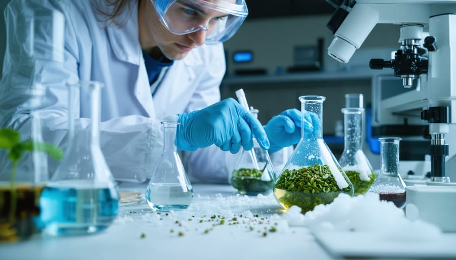 Research team examining biofuel samples in a modern laboratory setting