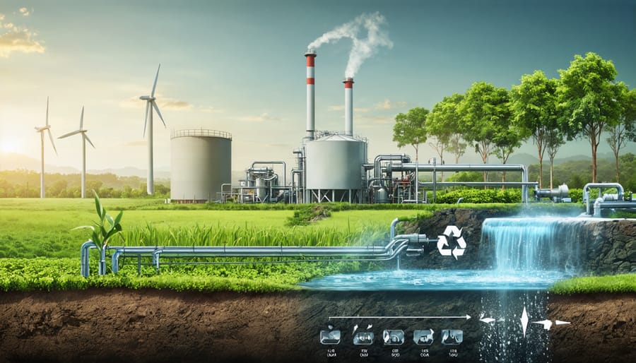 Conceptual image representing the synergy between bioenergy resources and water management in Australia, featuring biomass resources, a bioenergy facility, and water recycling systems.