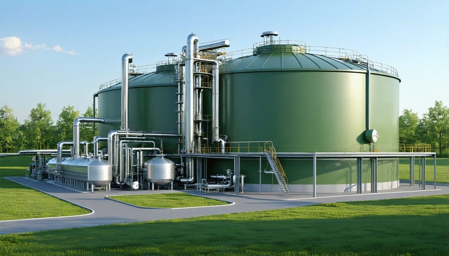 Industrial biogas production facility showing anaerobic digesters and methane collection system