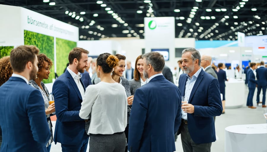 Professional delegates networking at biomass conference exhibition space with energy technology displays in background