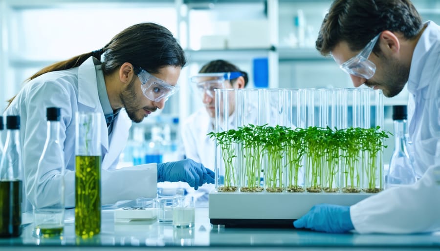 Researchers analyzing agricultural waste samples for bioenergy conversion in a laboratory