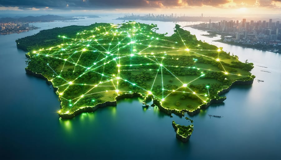 Artistic depiction of California and Australia linked by green energy pathways, symbolizing global partnership in sustainable bioenergy initiatives with elements of agriculture, forestry, and urban environments represented.