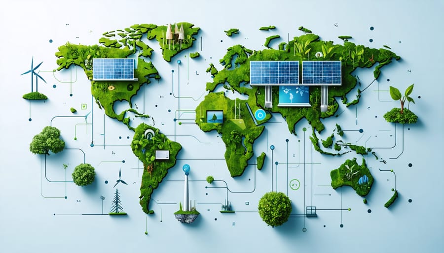 Conceptual illustration of global partnerships in energy innovation, featuring symbols of Australia connected to international partners with biomass and renewable energy elements.