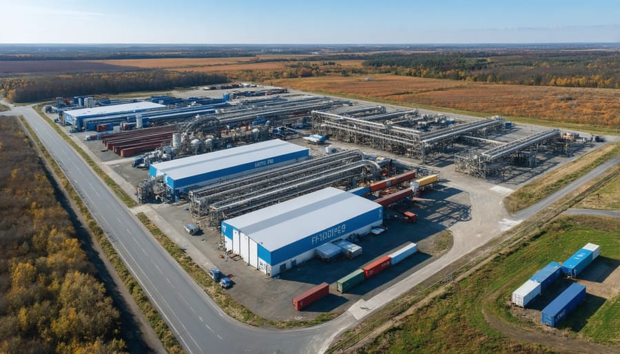 Modern bioenergy facility with storage silos and shipping containers showing global trade connections