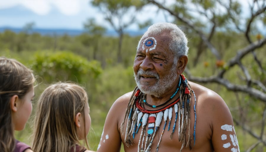 Indigenous elder demonstrating traditional ecological practices to attentive students in an Australian bushland setting